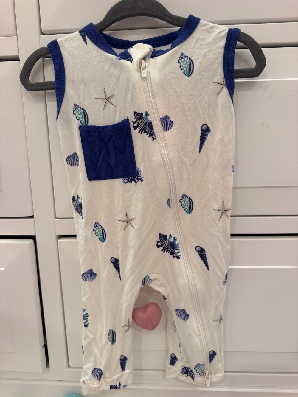 Kyte BABY White Sleeveless Seashell Print One-Piece with Navy Trim